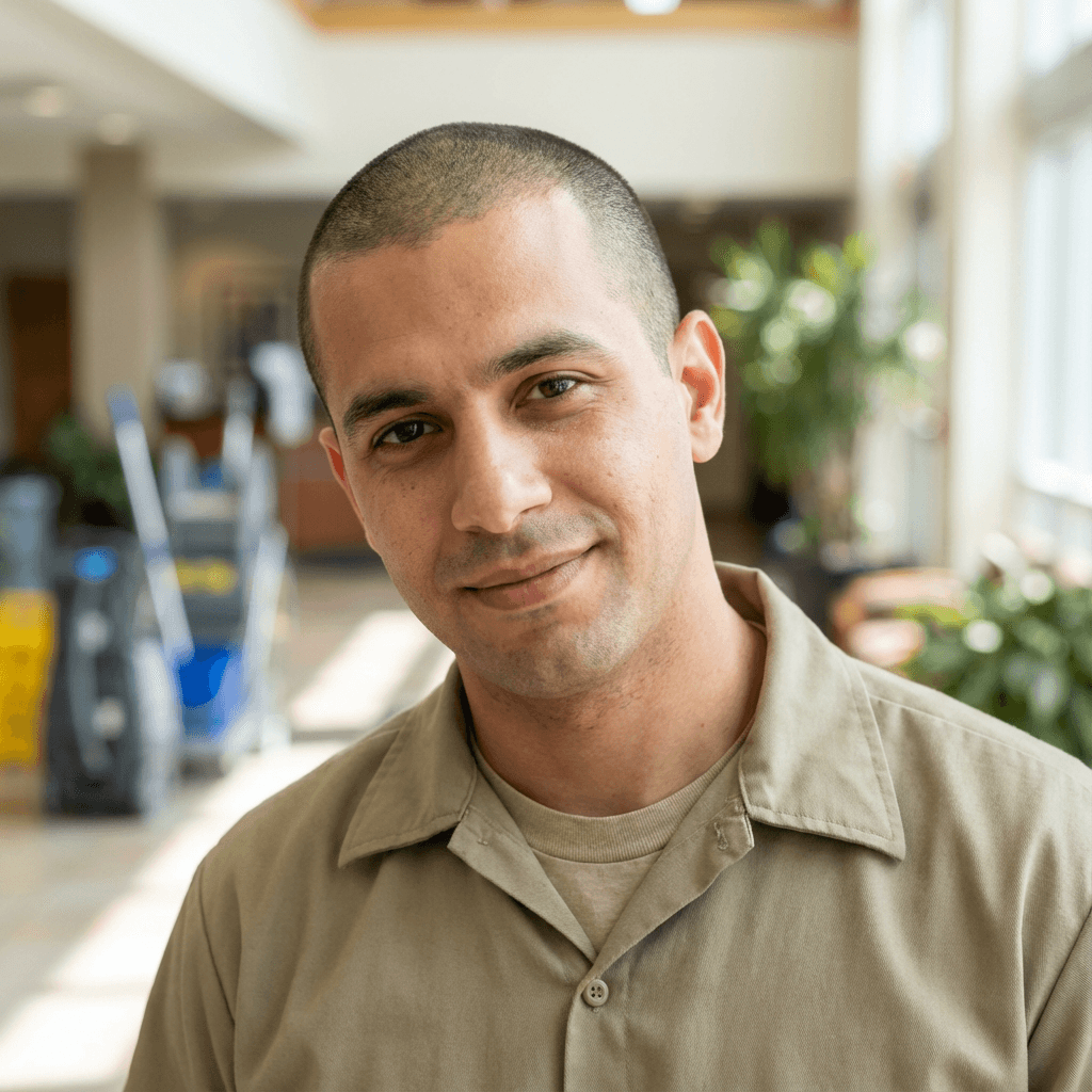 Middle Eastern male tour guide in his mid 30s smiling in a linen shirt at a historic temple site