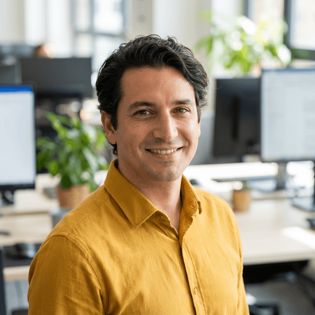 Middle Eastern male operations coordinator in his late 20s with a focused, professional look in a travel office setting