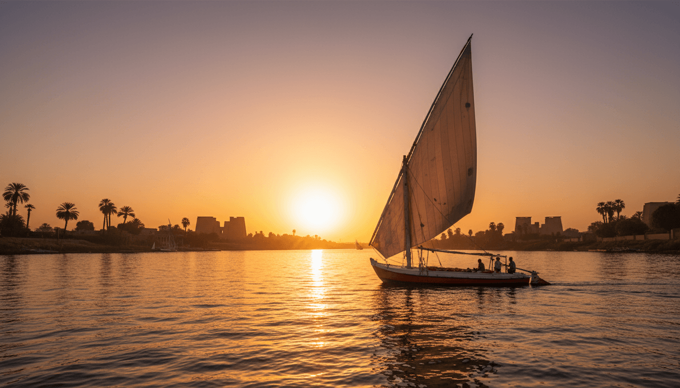 Traditional wooden felucca sailing on the Nile at golden sunset