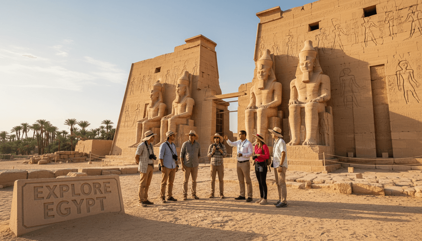 Private guided tour group at an ancient Egyptian temple