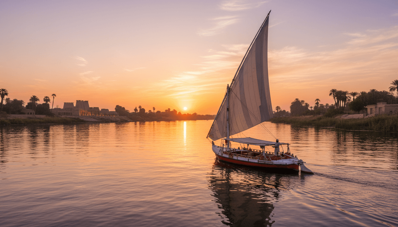 A traditional felucca sailing on the Nile at golden hour