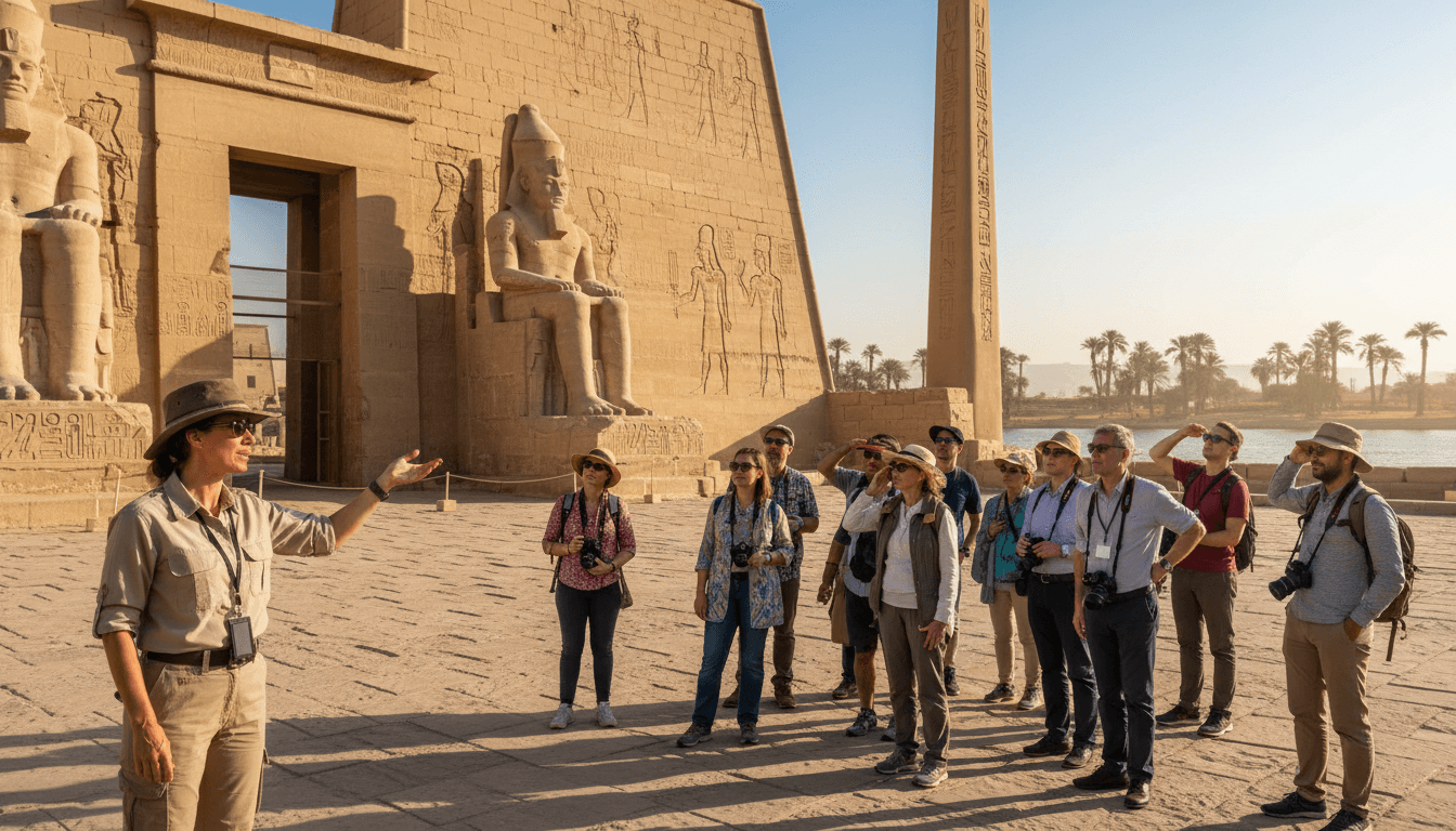 Professional tour guide with group at ancient Egyptian temple