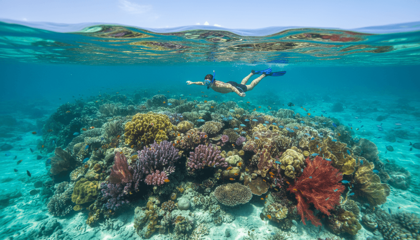 Snorkeler floating over a vibrant coral garden near the surface