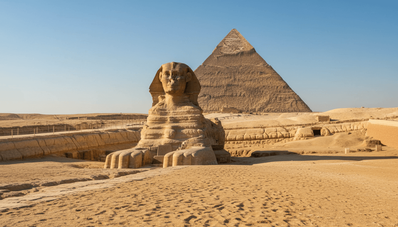 Great Pyramid of Giza with Sphinx in foreground under clear blue sky