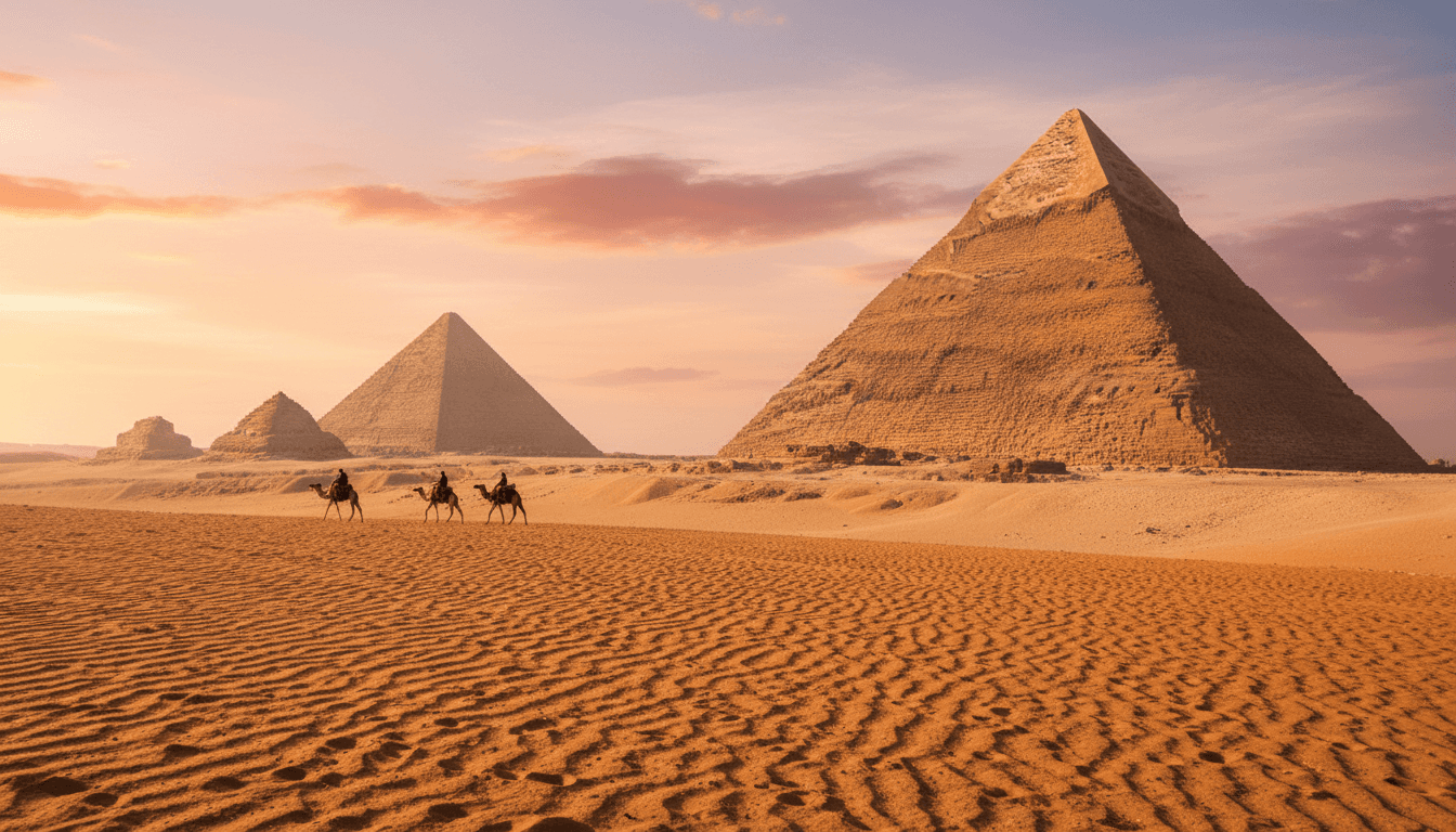 Great Pyramid of Giza with desert landscape at golden hour