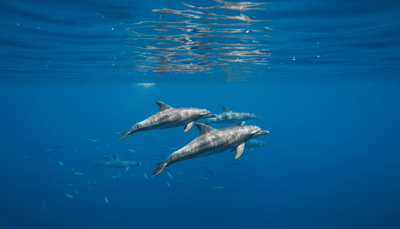 Bottlenose dolphins swimming gracefully in the open blue sea