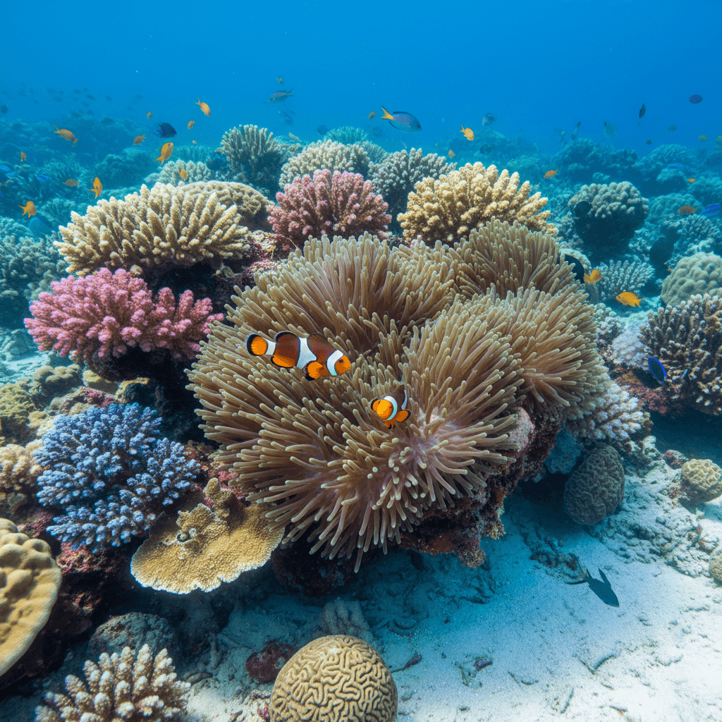 Clownfish in anemone on the reef