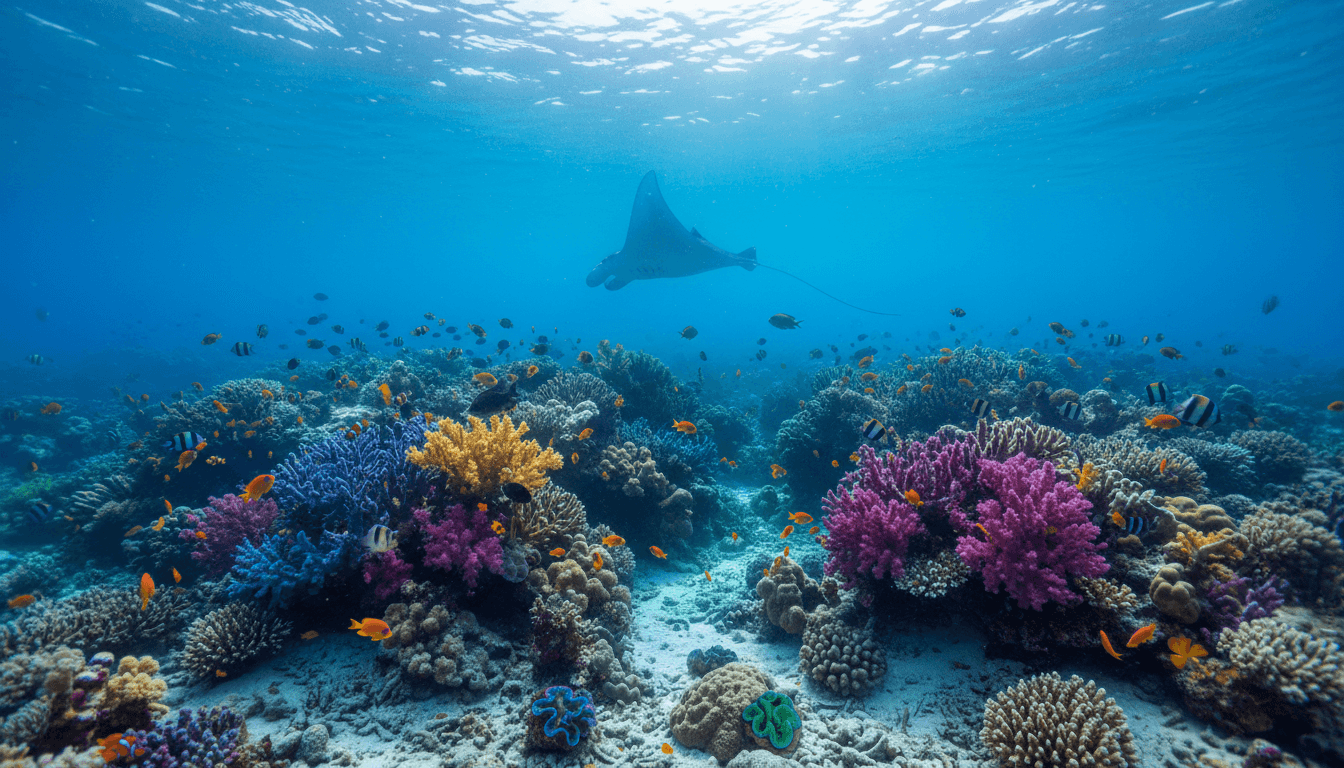Vibrant coral reef teeming with tropical fish in the clear Red Sea