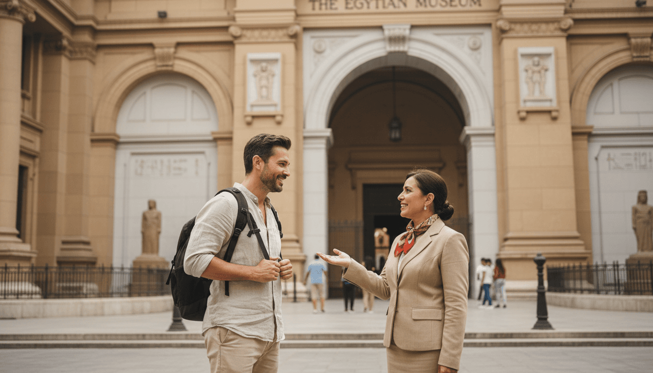 Tour guide welcoming a traveler at the Egyptian Museum entrance