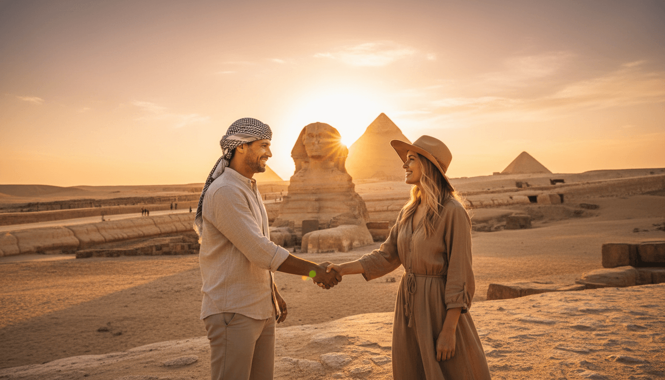 Guide greeting traveler near the Sphinx at golden hour