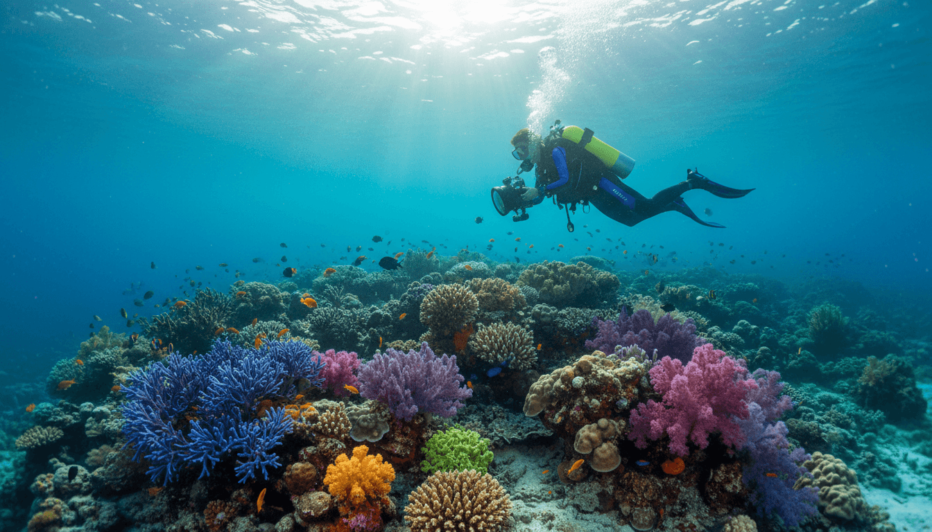 Scuba diver gliding over a healthy coral reef in clear blue water