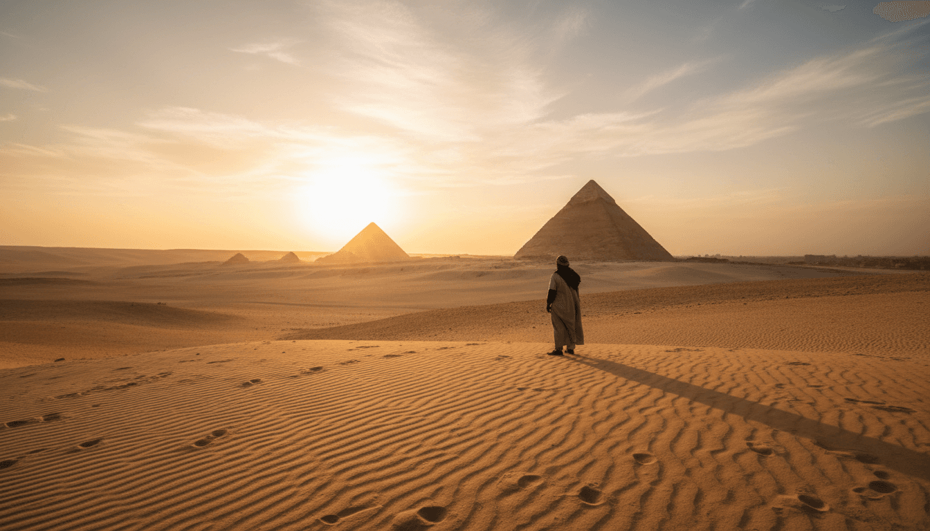 Golden hour over the Giza pyramids with desert dunes in foreground
