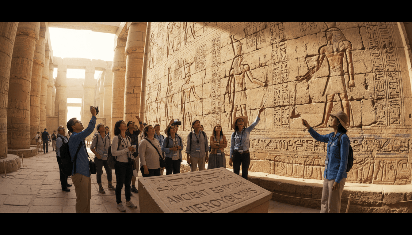 Tour guide explaining hieroglyphics to attentive tourists