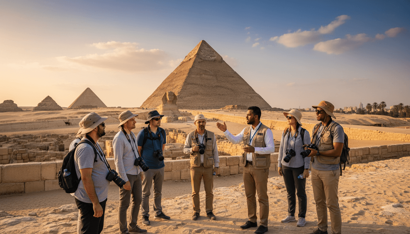 Egyptologist guide explaining history to visitors at the pyramids