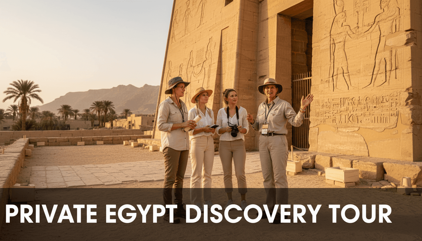 Professional Egyptologist guide leading a private tour near ancient temple