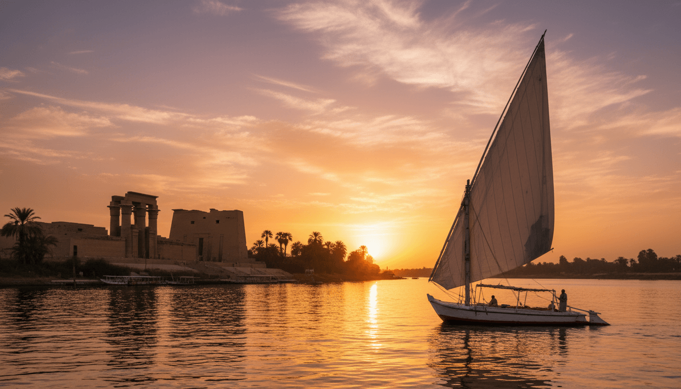 Felucca sailing on the Nile near a temple at sunset in Luxor