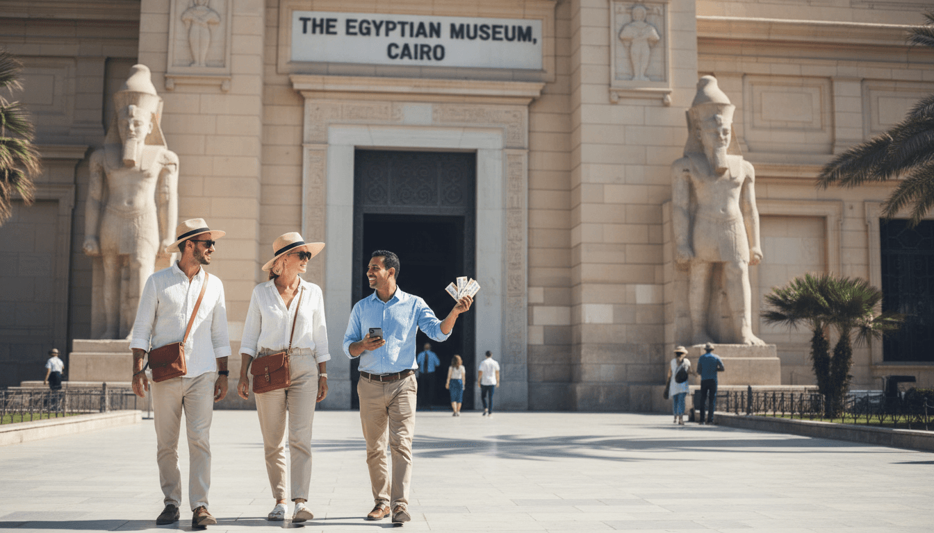 Travelers entering the Egyptian Museum with skip-the-line tickets