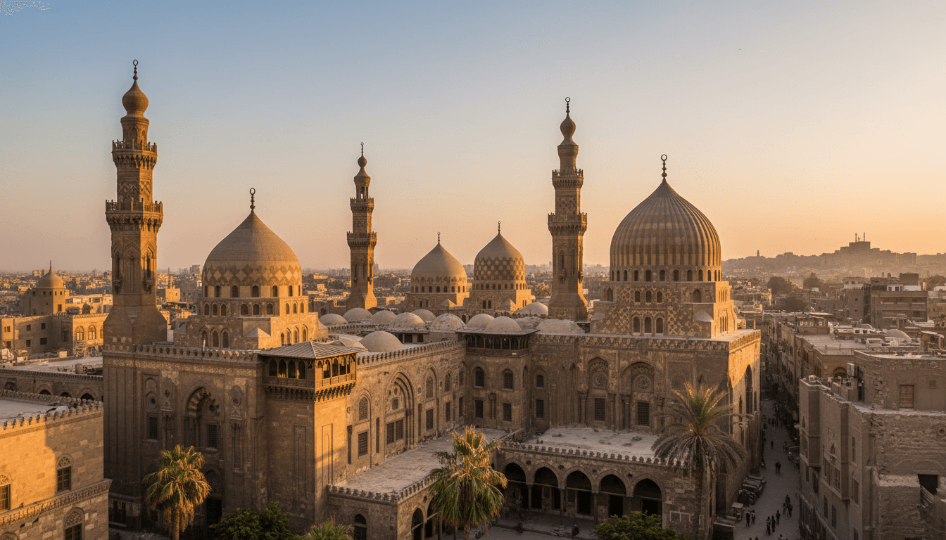 Historic Islamic architecture in Cairo with minarets and domes