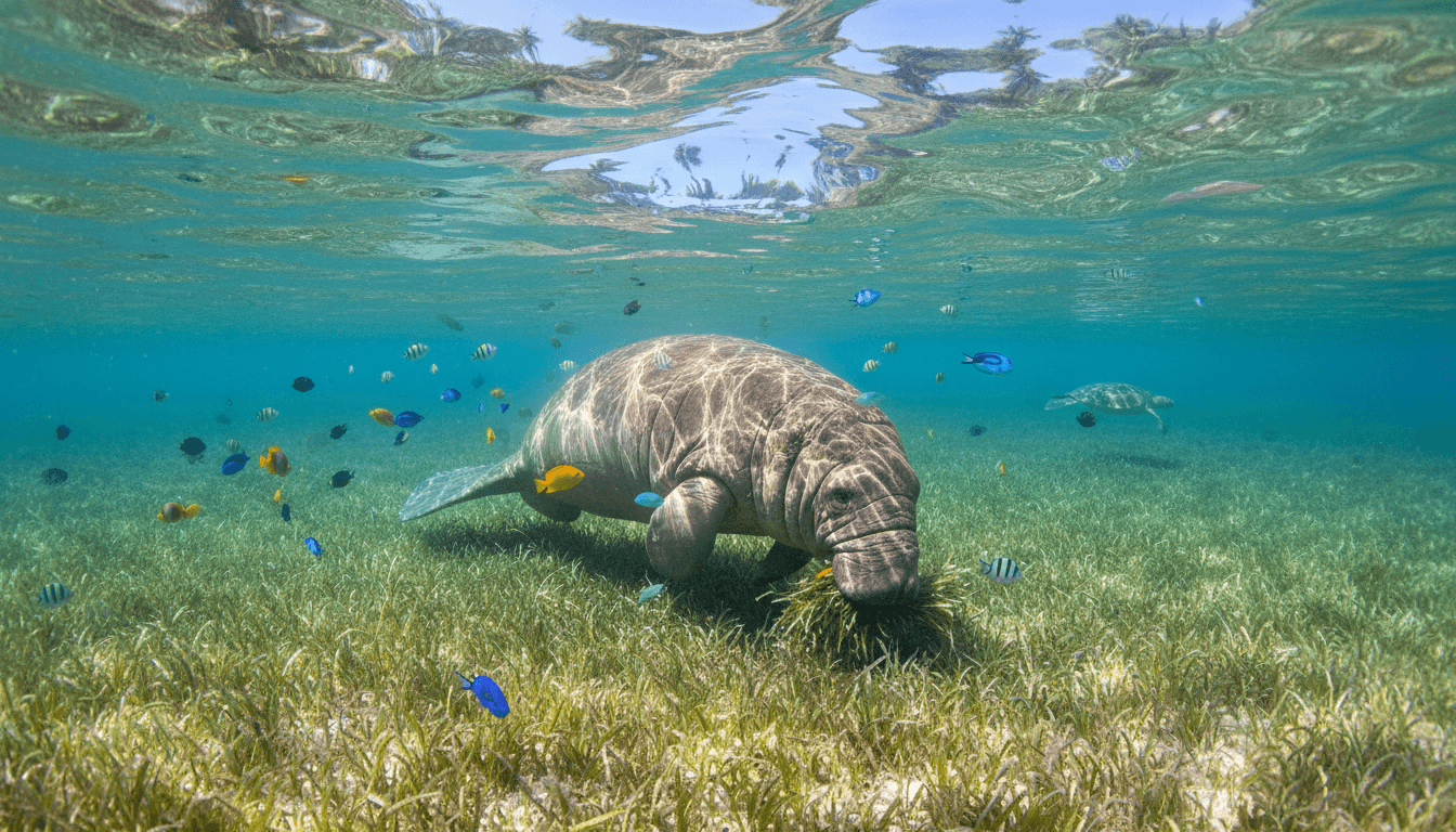 A dugong grazing on a seagrass meadow in shallow clear water