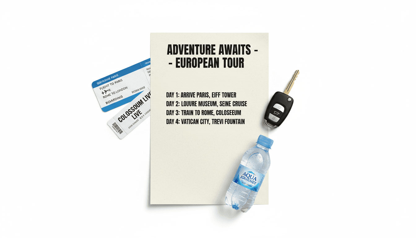 Tour itinerary, tickets, and keys laid out