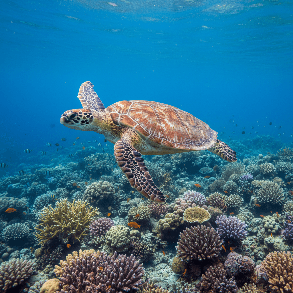 Sea turtle gliding over the reef