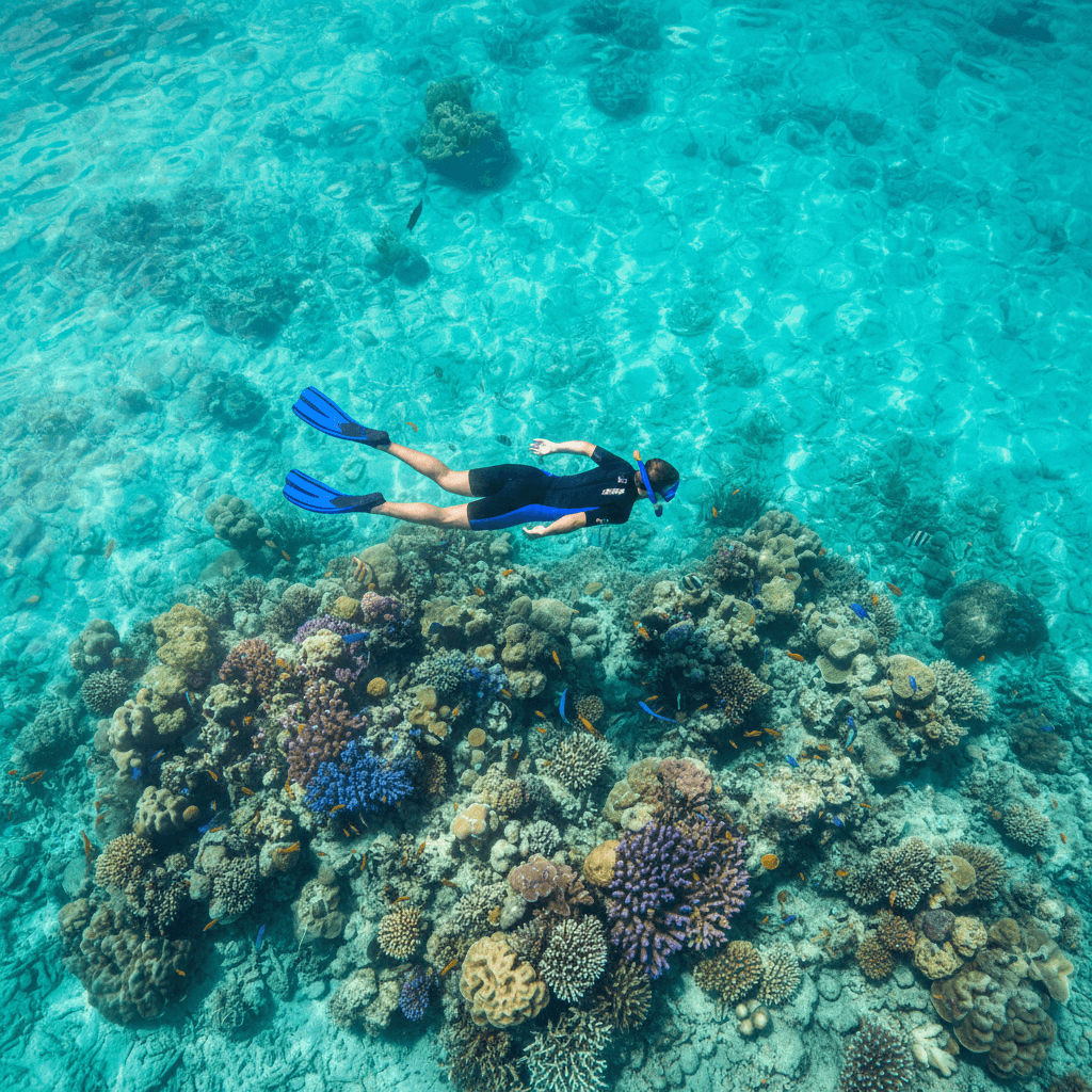 Snorkeler above a shallow coral garden