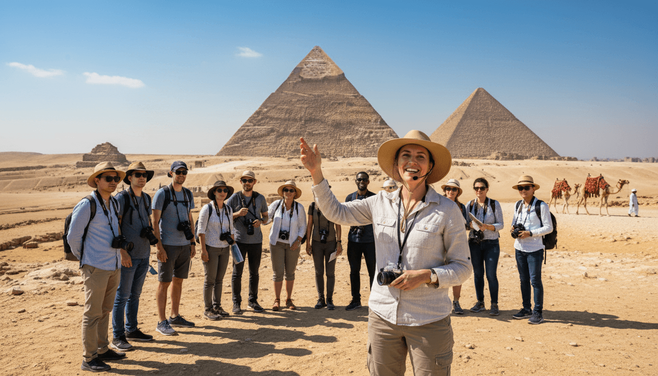 Professional tour guide walking with travelers at the Great Pyramids of Giza