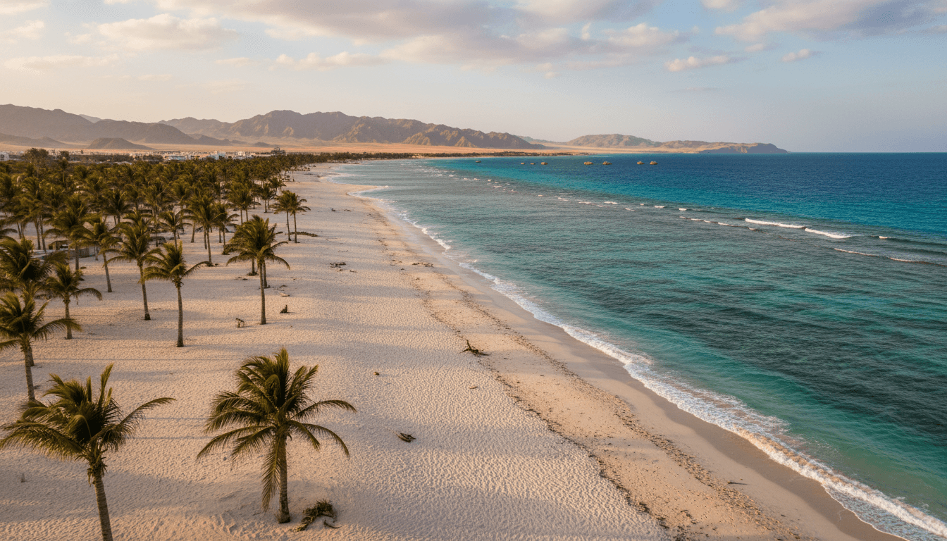 Turquoise Red Sea water meeting a pristine white sand beach in Marsa Alam