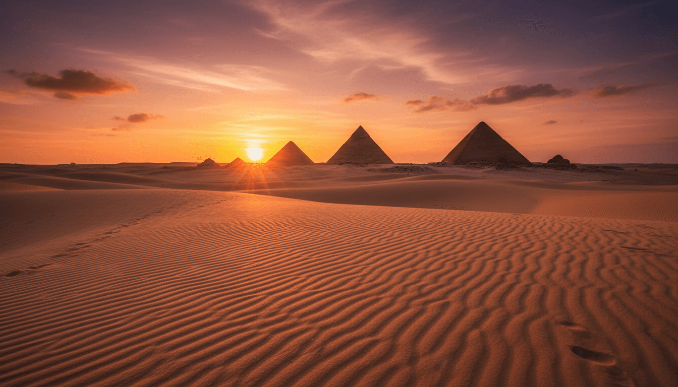 Golden Egyptian desert dunes at sunset with pyramids in the distance