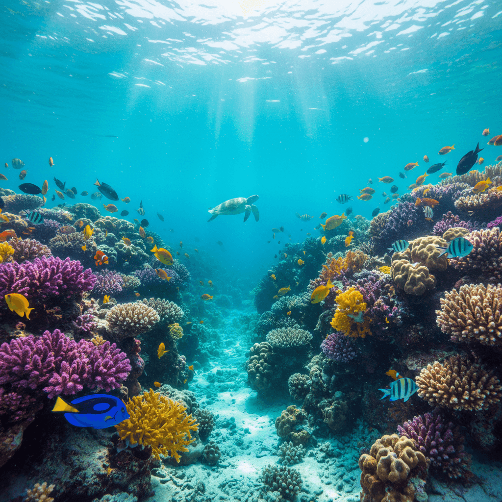 Vibrant coral reef with colorful fish