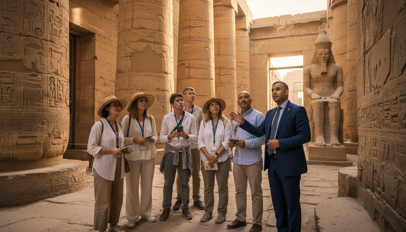 Licensed Egyptologist guide explaining hieroglyphs at Karnak Temple