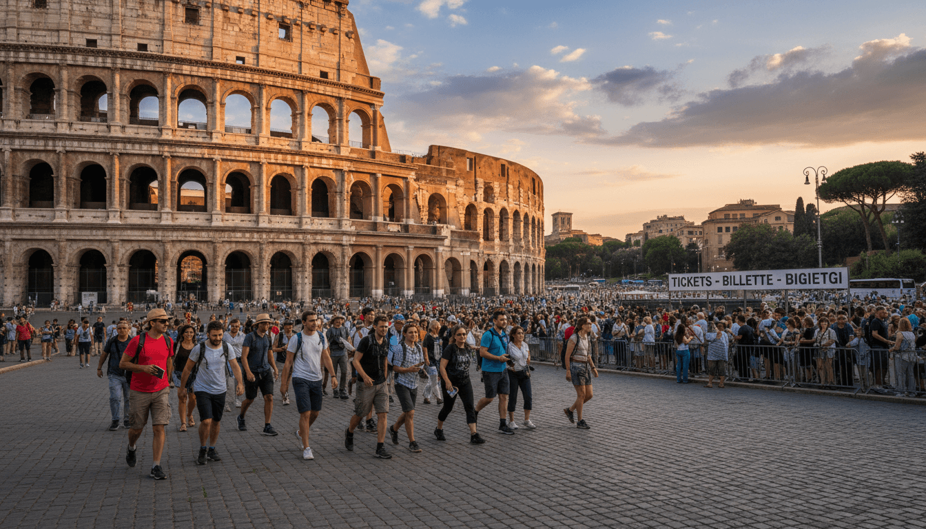 Tourists walking past ticket queue at historical monument