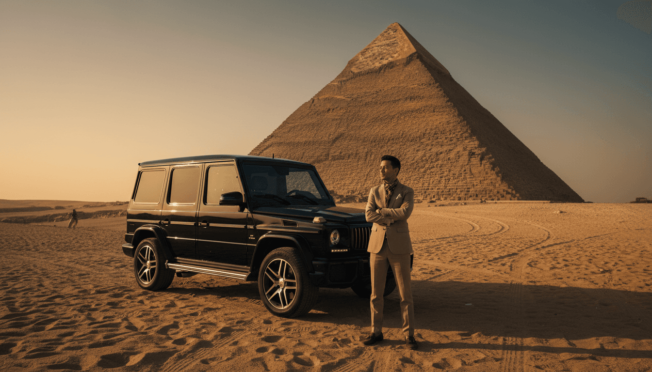 Private tour vehicle parked before the Great Pyramid of Giza at golden hour