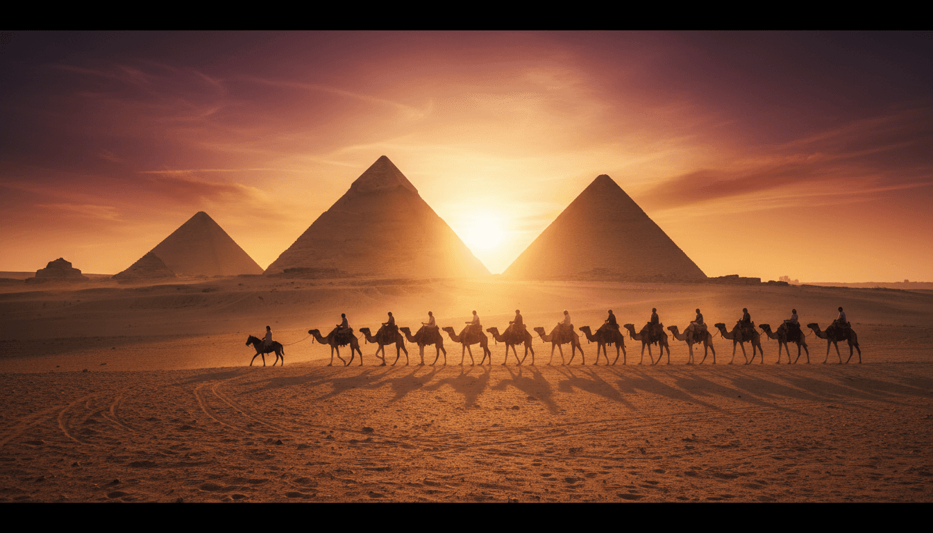 Pyramids of Giza at golden hour with a camel caravan in the desert