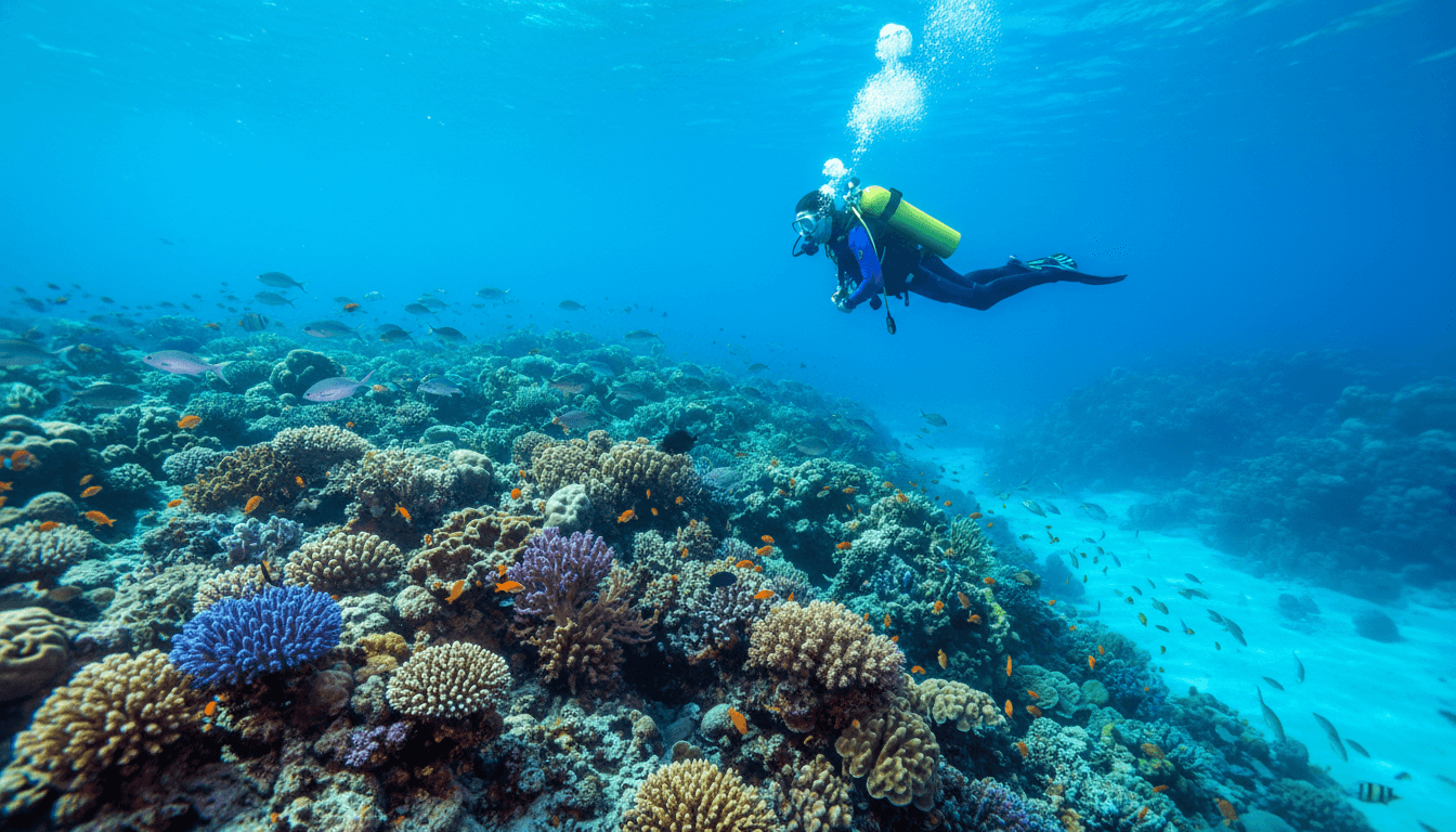 Scuba diver swimming over a vibrant coral reef in clear turquoise water