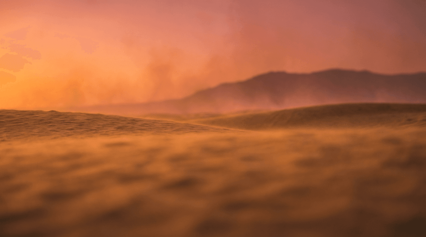 Golden desert dunes at sunset with ancient Egyptian temple silhouettes in warm light