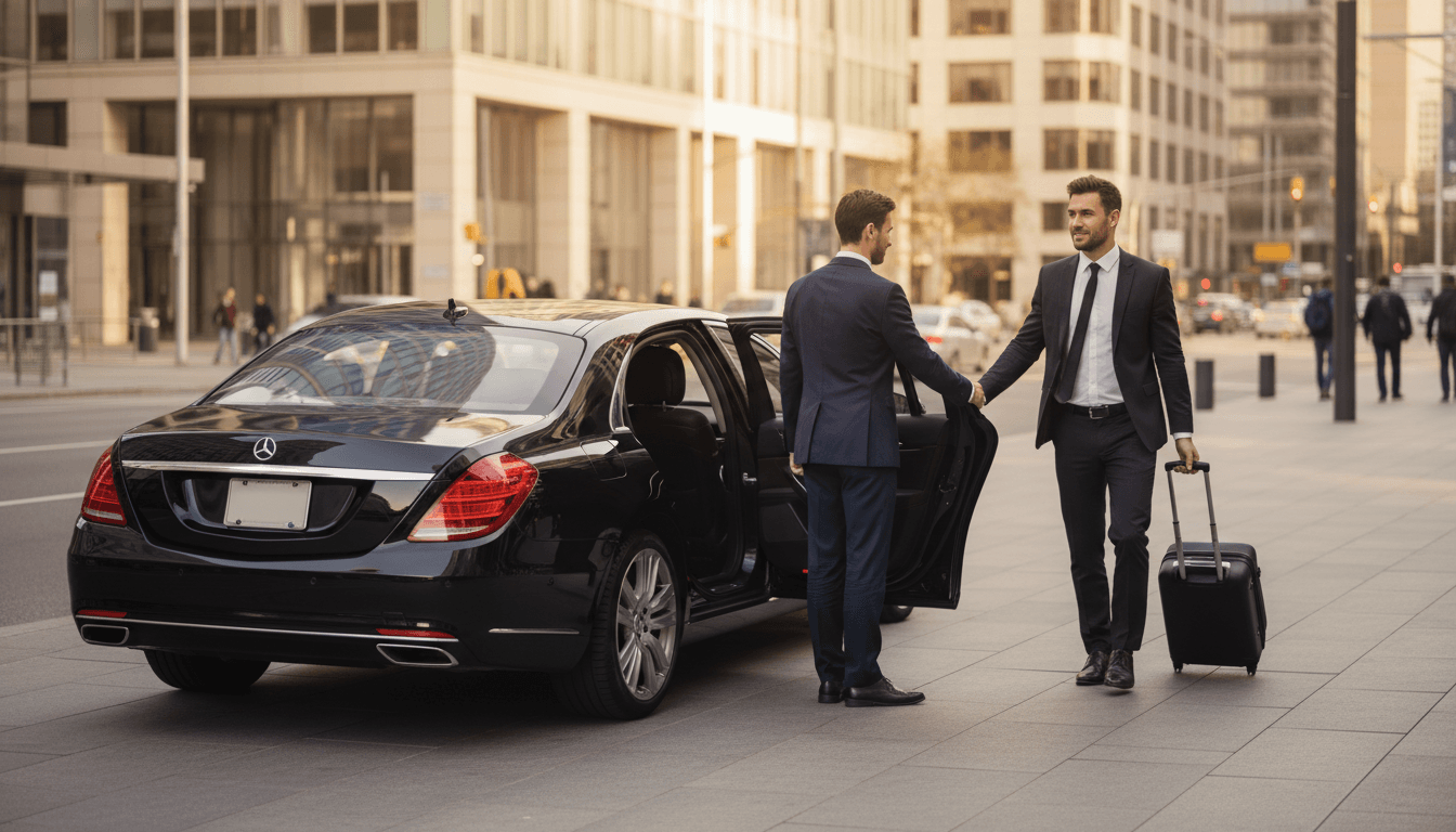 Professional driver in suit opening car door for traveler at airport