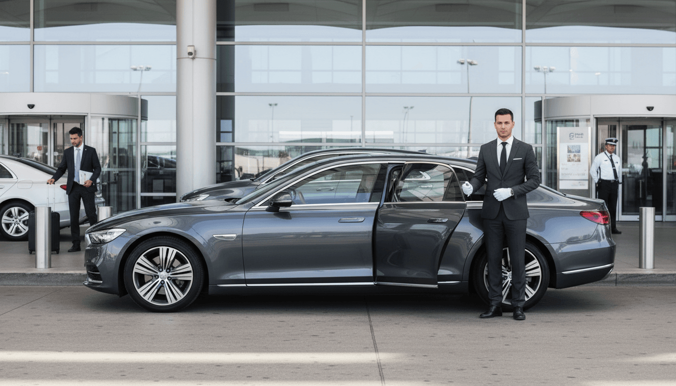 Professional chauffeur standing beside open door of luxury sedan at modern airport terminal entrance