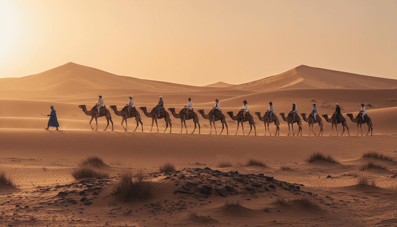 Golden desert dunes at sunset with caravan silhouette