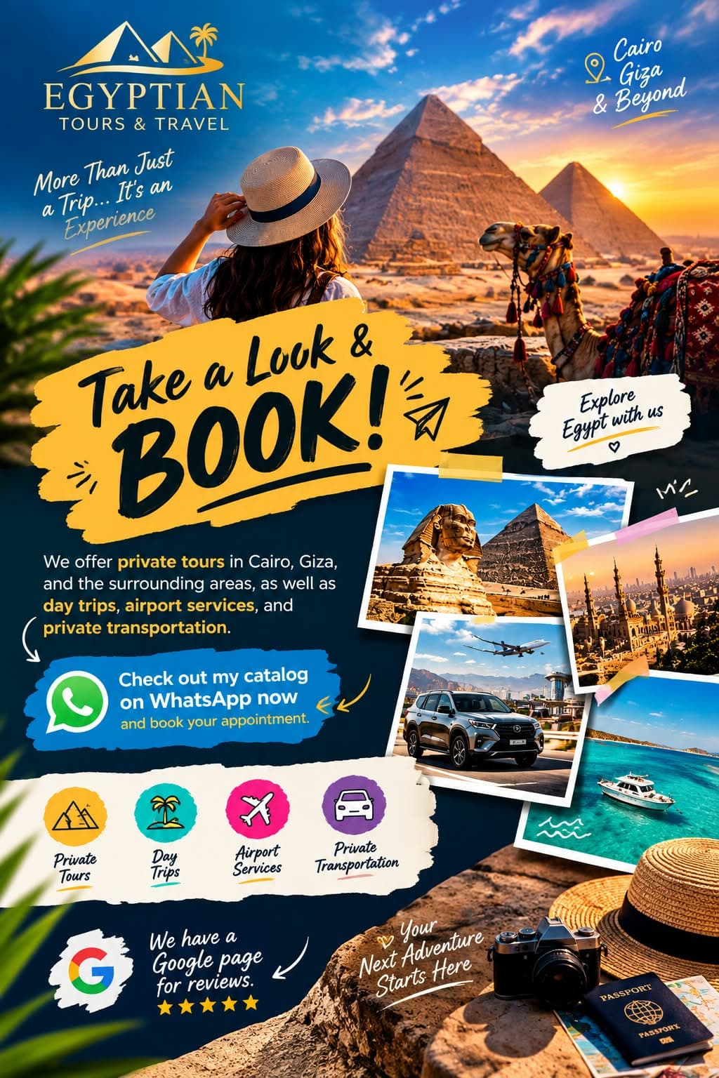 Travel advertisement for Egyptian tours featuring pyramids, a camel, and various private vacation services.