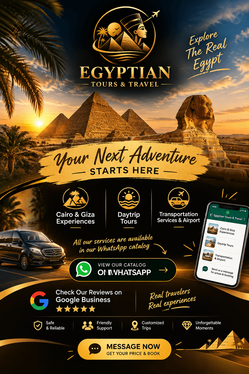 Egyptian Tours & Travel advertisement featuring the Pyramids, Sphinx, and various tour booking services.