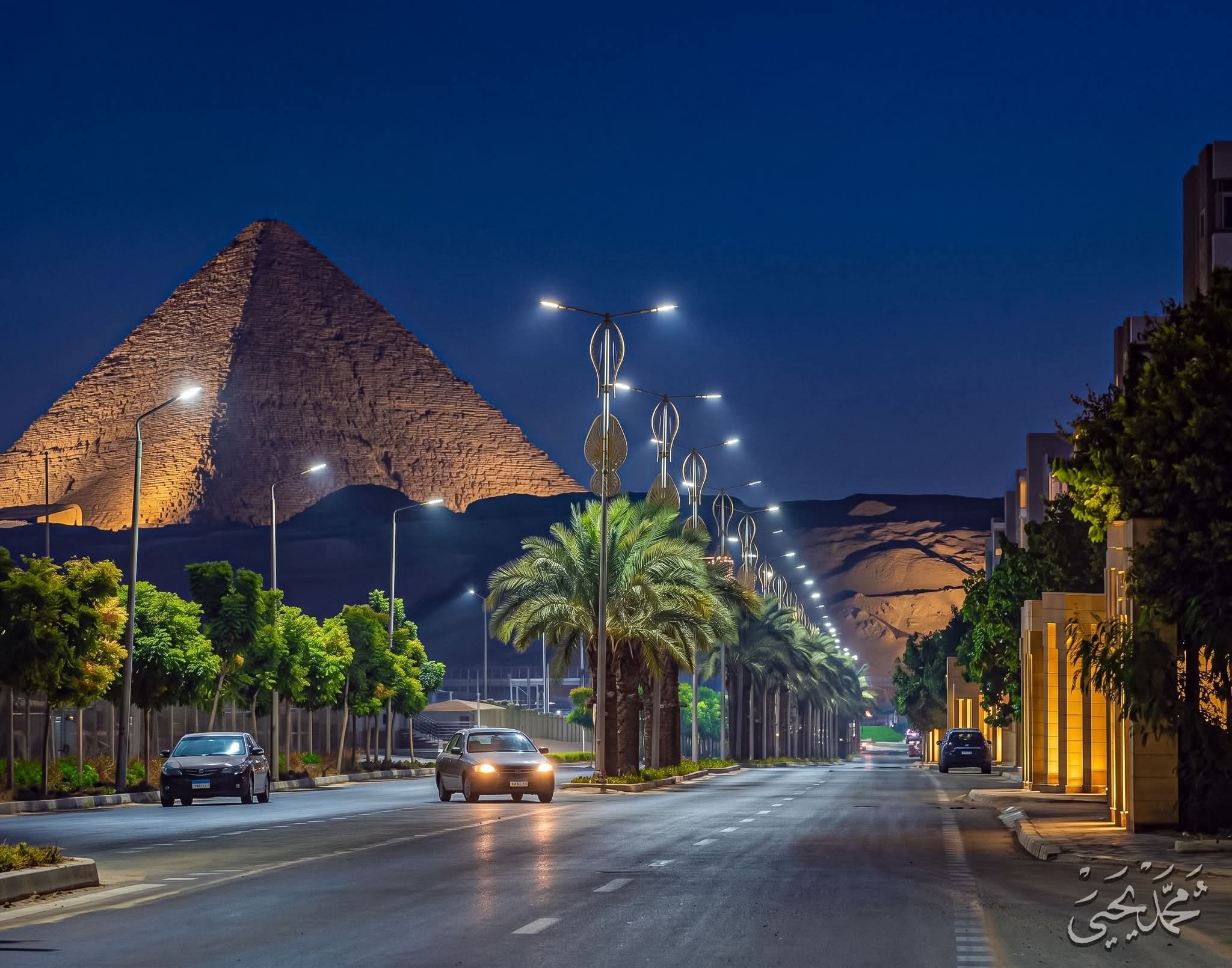 Illuminated Great Pyramid of Giza behind a modern palm-lined road at night with cars.