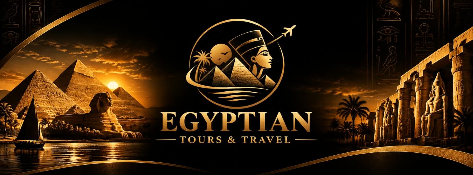 Golden Egyptian travel banner with the Sphinx, pyramids, and ancient temple ruins at sunset.